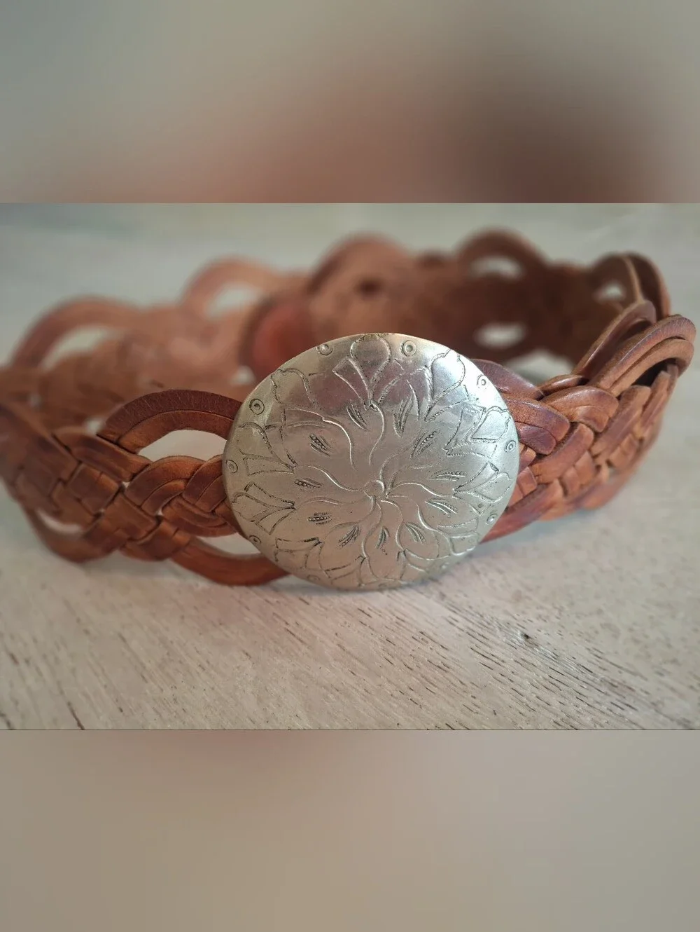 Vintage Moroccan Woven Brown Leather Belt with Etched Silver Floral Buckle